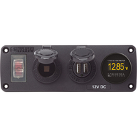 4366     Blue Sea 4366 Water Resistant USB Accessory Panel - Circuit Breaker, 12V Socket, Dual USB Charger, Mini Voltmeter     75136